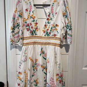 Anthropologie Deep V-neck Embroidered Floral Dress Size Large. Worn ONCE. EUC.